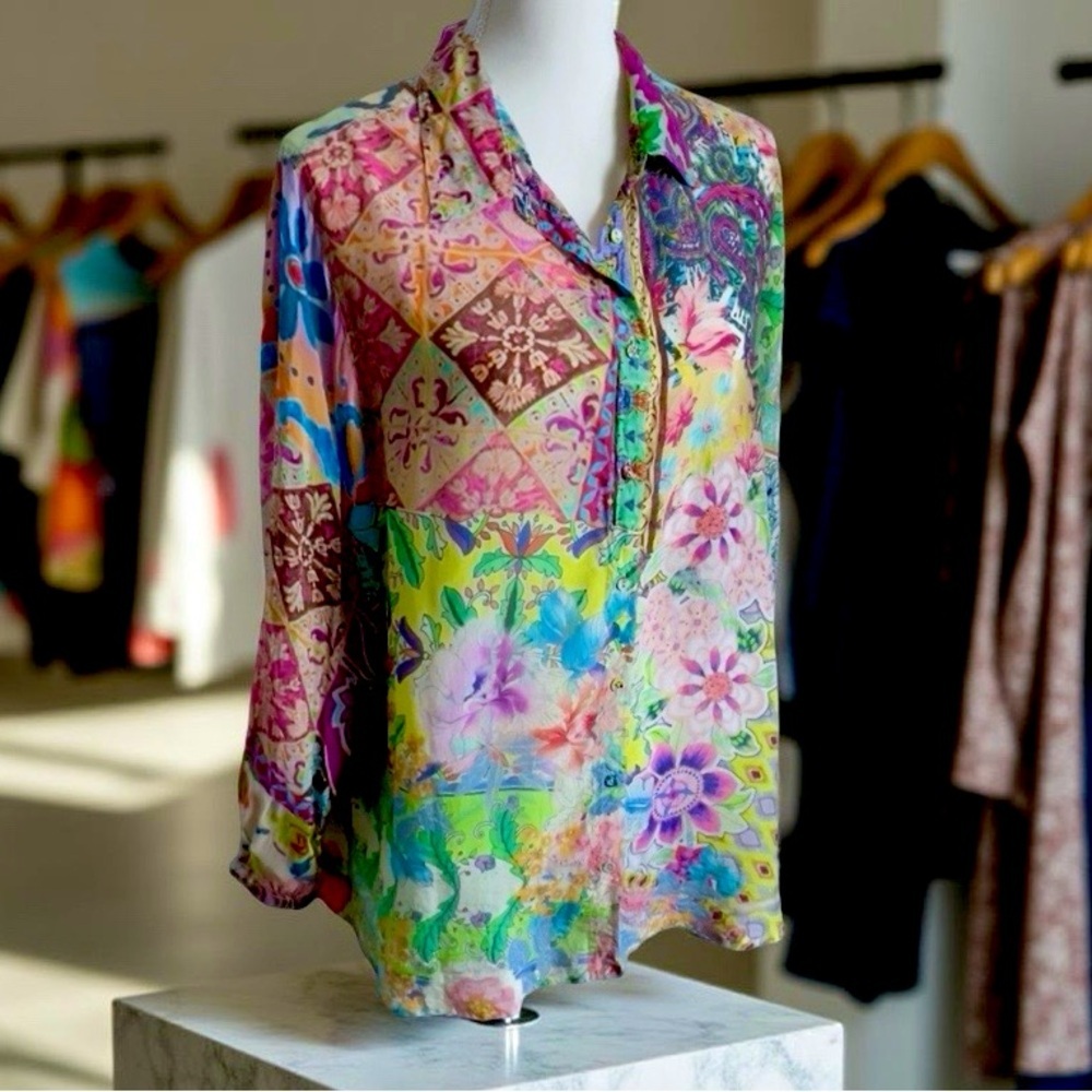 Johnny Was Milla Floral Print Cupra Rayon Boho Long-Sleeve Blouse Size L